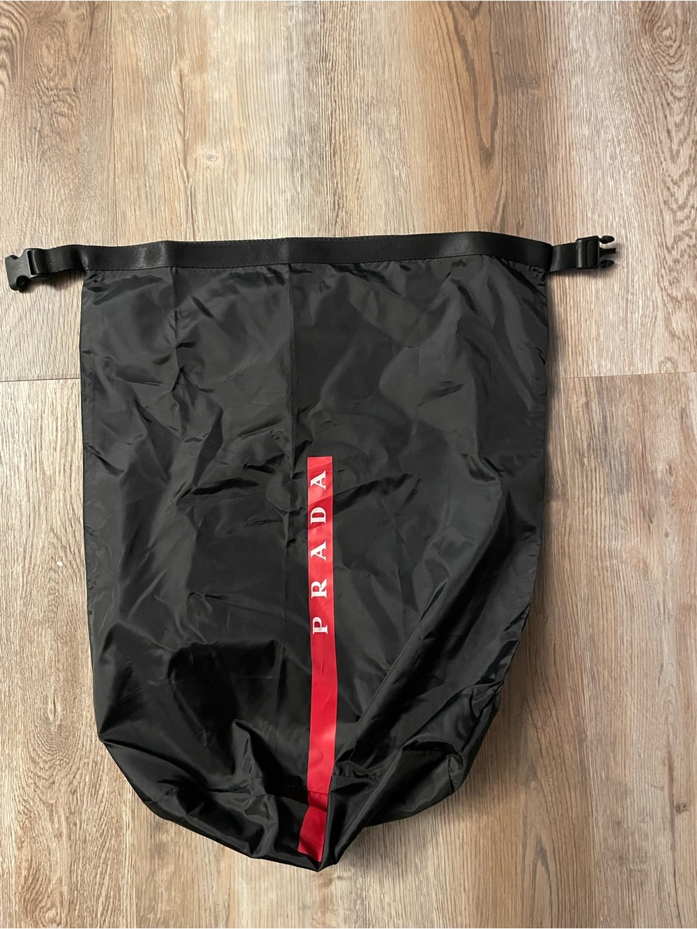 Prada Black Nylon Duffel with Vertical Red Logo Stripe